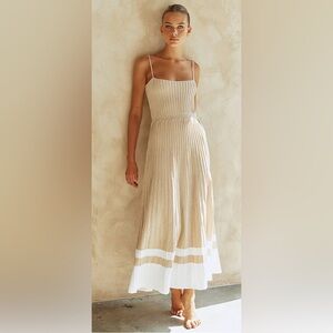 Olivaceous knitted fabric midi ribbed dress with cami straps and pleated design